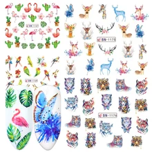 12 шт. фламинго для ногтей наклейки, Переводные картинки, с цветочным узором и изображением оленей мультфильм животных дизайн ползунков Маникюр нейл-арта украшения JIBN1165-1176