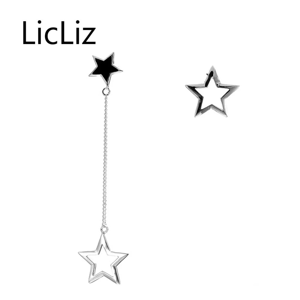 

LicLiz 925 Sterling Silver Drop Earring for Women Fashion White Gold Pentagram Earring Long Chain Asymmetric Design Gifts LE0450
