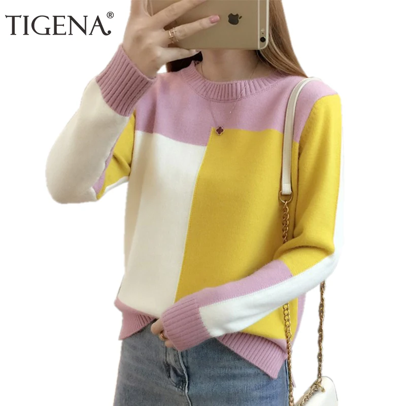 Kopen TIGENA Contrast Kleur Winter Trui Vrouwen 2018 Lange Mouwen Jumper Vrouwen Trui en Trui Gebreide Trui Vrouwelijke Pull Femme