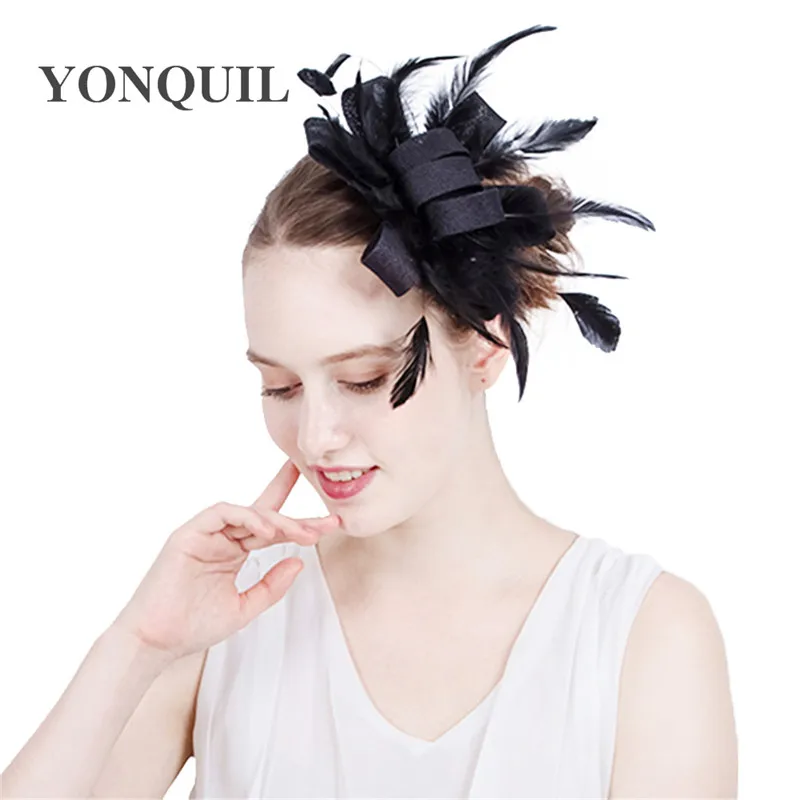 

Ladies fancy races wedding hats fascinators black feather hair accessories party tocados sombreros bodas imitation sinamay hats