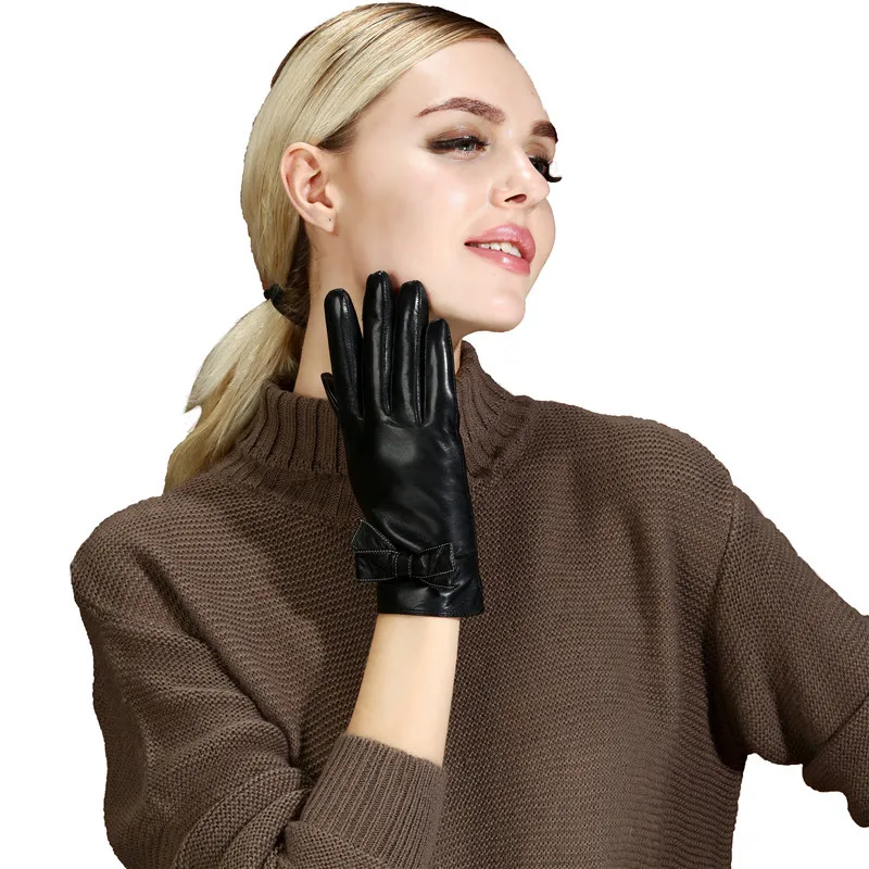 

Lovely Bow Women Touch Screen Sheepskin Gloves Thermal Linning Winter Black 100% Genuine Leather Gloves Driving Leather Gloves