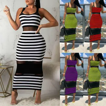 

Women Summer Sleeveless Bodycon Dress Evening Party Club Striped Tank Top Long Dresses Patchwork Mesh Sexy See-through Sundress