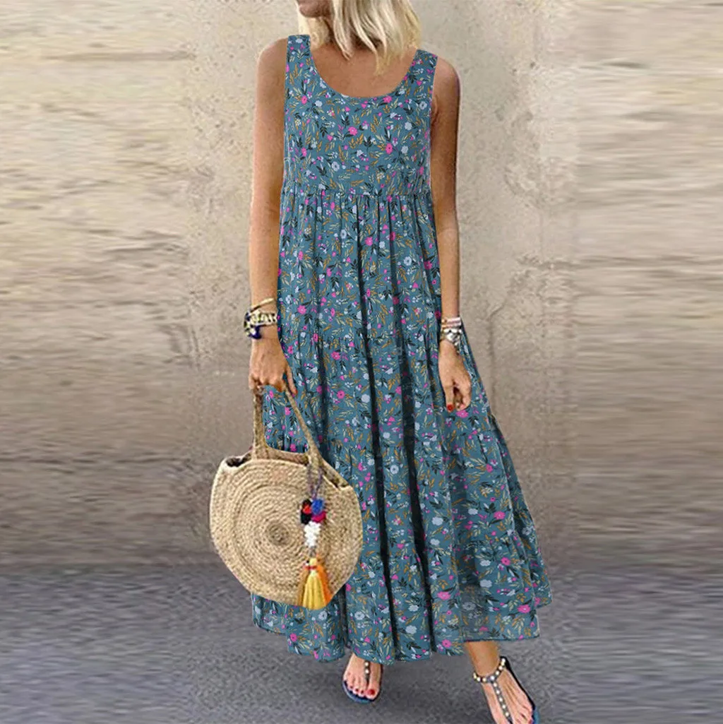 

Women Dress Bohemain Linen Plus Size Casual Loose Sleeveless Round Neck Floral Print Vintage Daily Long Maxi Dress Vestido Mujer
