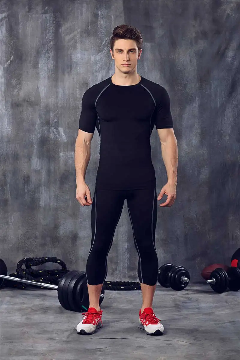 Мужской Pro компрессионный комплект для фитнеса, наборы быстросохнущие Капри Леггинсы+ Топ, тренировка, тренировка, спортивные штаны для йоги+ рубашки, Бег Йога 3242
