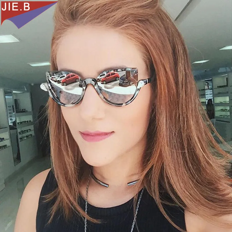 2017 Винтаж Cat Eye Женщины Солнцезащитные очки изгиб храм половину кадра bling алмазная