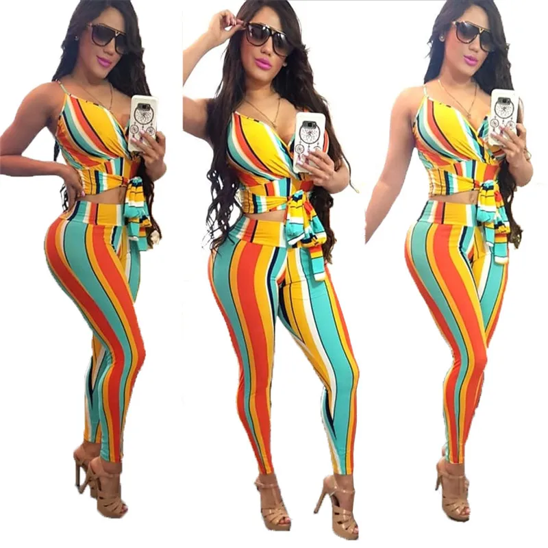 

Striped Sexy 2 Piece Set Women Summer Two Piece Outfits Strap Crop Top and Pants Set Ladies Party Club Bodycon Matching Sets