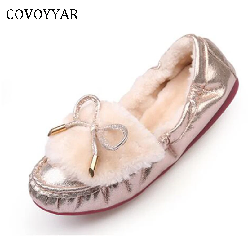 

COVOYYAR 2019 Women Ballet Flats Winter Autumn Warm Flat Women Shoes Gold/silver Fur-lined Loafers Portable Casual Shoes WFS413