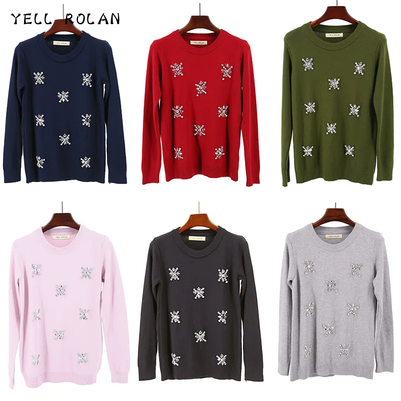 2018 New Design Women Spring Casual Warm Knitted Pullover Clothing O-Neck Simplee Long Sleeve Sweaters with Zircon Loose Sweater Sweaters