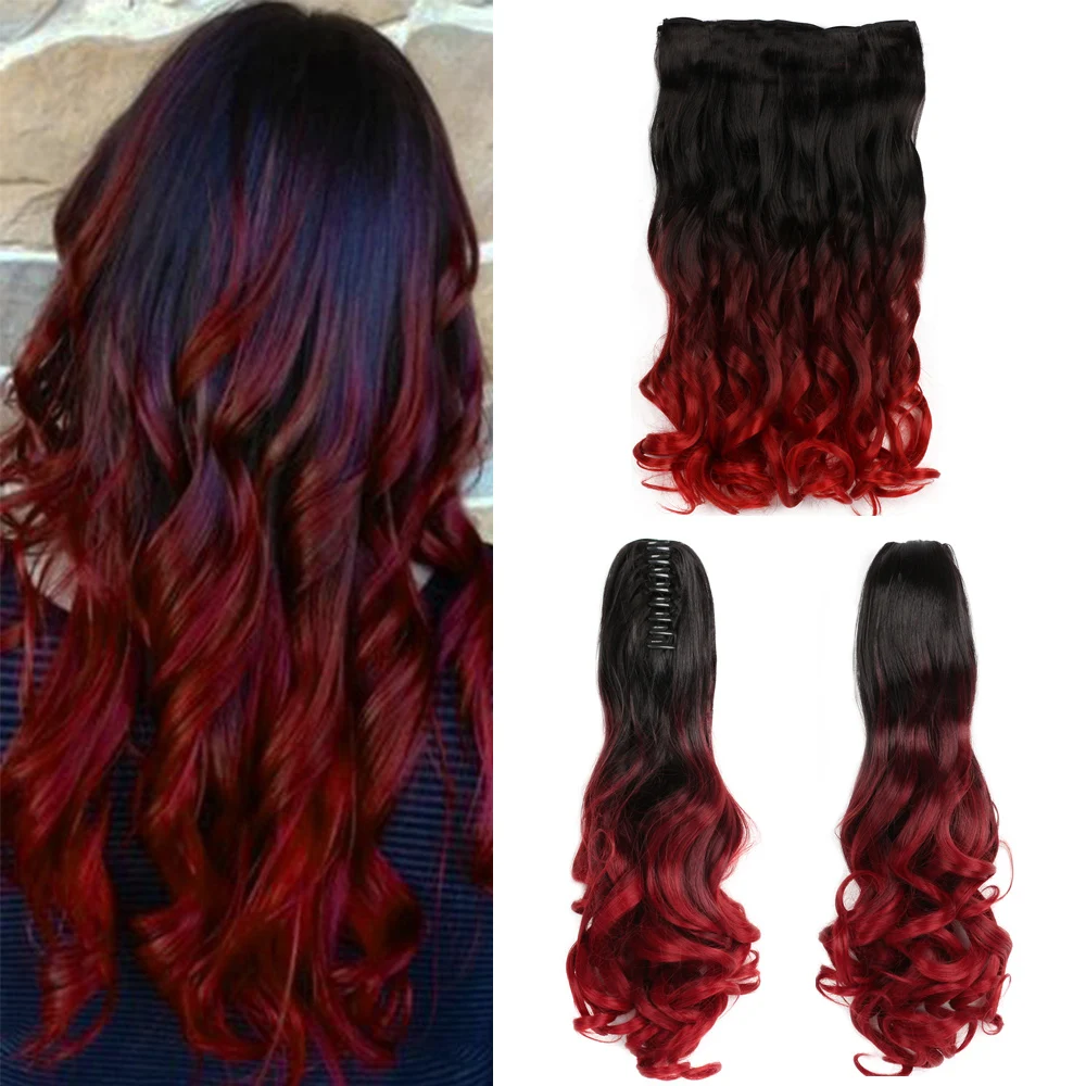 Fashion Wine Red Ombre Color 5Clips 16Clips Hair Extensions More Style