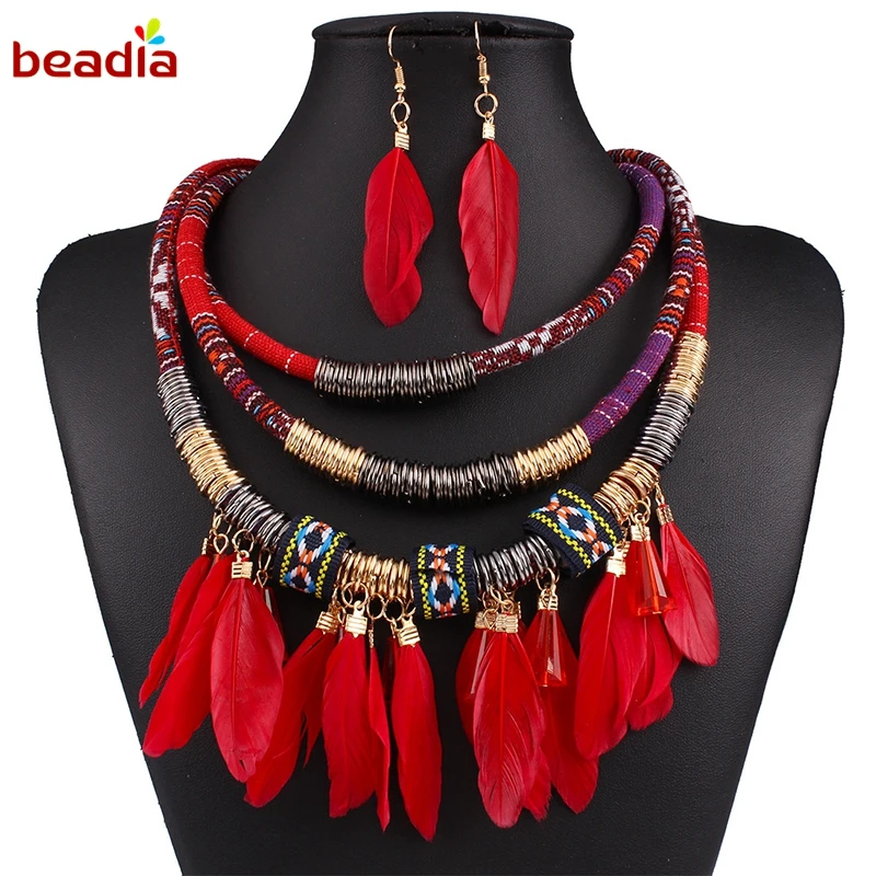 

Blue/Black/Red Color Luxury Style Multi-Layer Alloy Feather Tassel Necklace Earrings Set Fit Wedding Birthday Party Jewelry Sets
