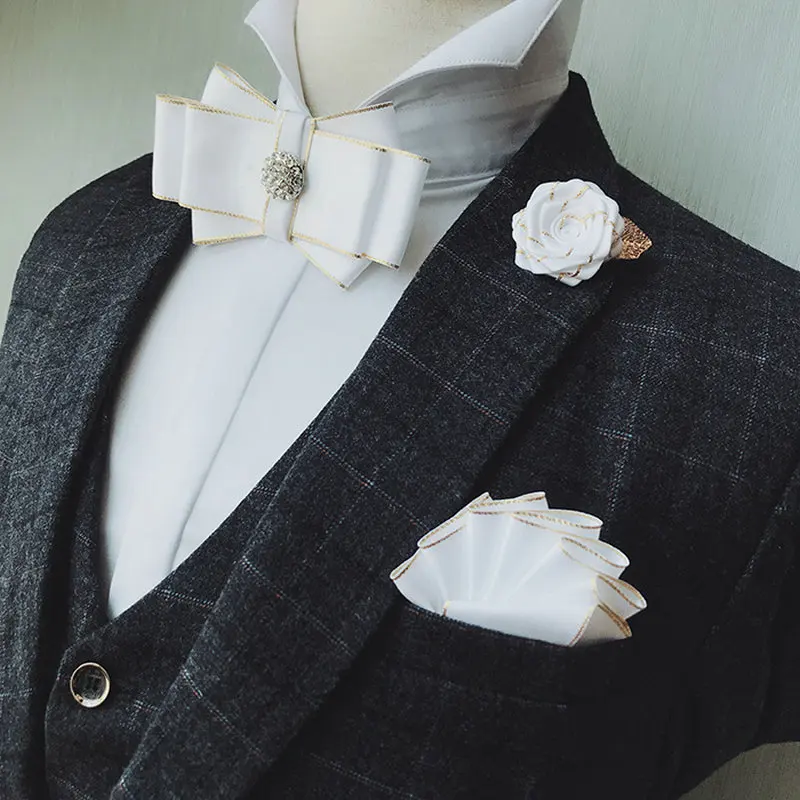 

Men Neck Collar Shirt Bow Tie Rhinestone Wedding Necktie Cravat Flower Brooches Handkerchiefs Pocket Square Ribbon Bowtie Set