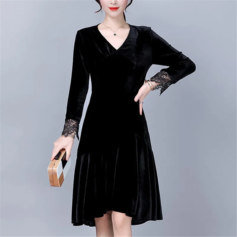 

New Long Sleeve Velvet A Line Dress Womens Autumn Dresses Vestidos Spring Sexy V-neck Elegant Lace Patchwork Party Dresses