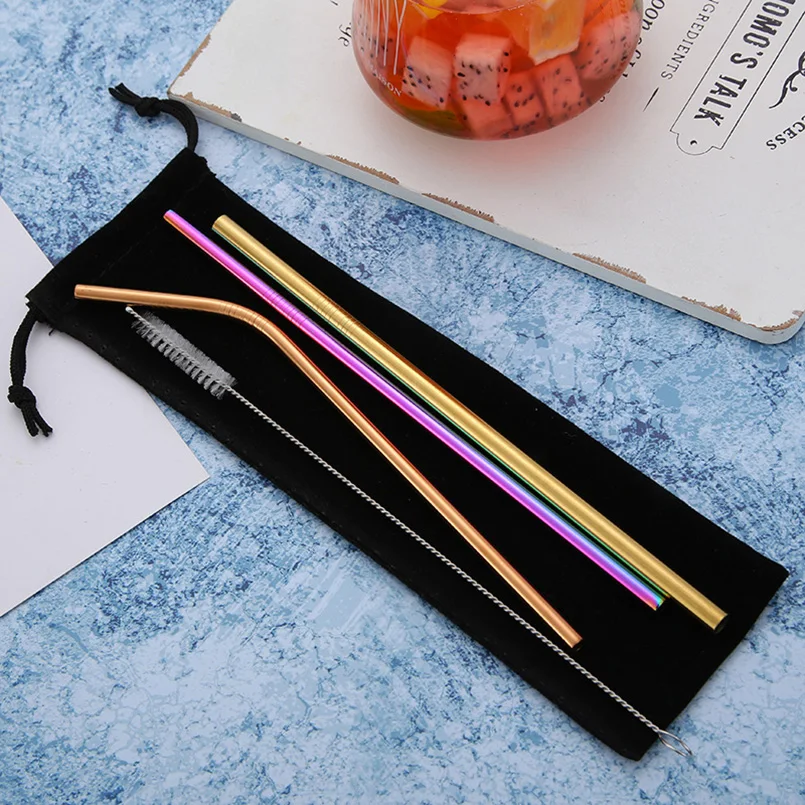 

5pcs/set Stainless Steel Straw With Cleaning Brush & Bag Straight Bend Reusable Straw Drinkware Kitchen Bar Accessories