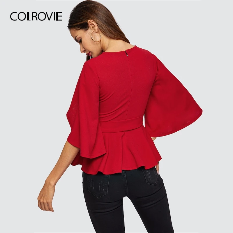 COLROVIE красная однотонная полураздельная элегантная женская блузка с поясом и баской Весенняя Корейская Повседневная рубашка на молнии женские топы
