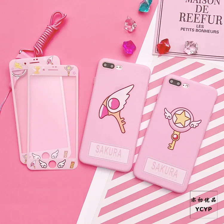

For iPhone 7plus Sakura case & front tempered glass for iPhone 8 plus/6 6s plus cartoon Sakura case for iphone X 7 plus + strap