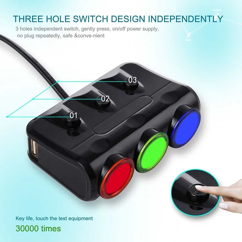 3 прикуривателя + светодиодный выключатель света автоматический USB автомобильный