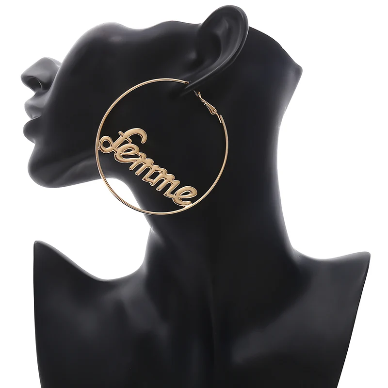 Большие серьги-кольца SHIXIN, женские модные ювелирные изделия, женские круглые серьги с буквами, женские серьги, подарки - Окраска металла: Femme