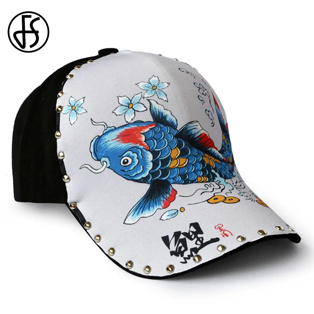 

FS Chinese Koi Fish 3D Printing Animal Cap Hip Hop Men Women Baseball Cap With Rivet Cotton Streetwear Dad Hats Gorras Animales