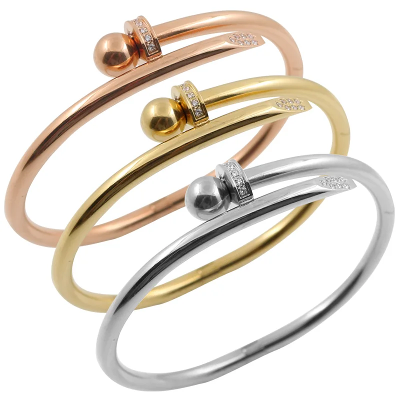Stainless Steel Gold Color Crystal Bracelets Luxury Stylish Screws Bangle For Women Girl Decoration Jewelry Accessory Gift
