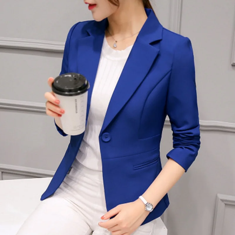 2019 New Spring Autumn Notched  Office Ladies  Quality Slim Long Sleeve Blazers Solid Color Womens Single Button Small Suit