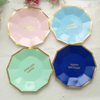 

24pcs/lot disposable paper plates cake dishes paper plates pink red yellow happy birthday event party supplies party tablewares