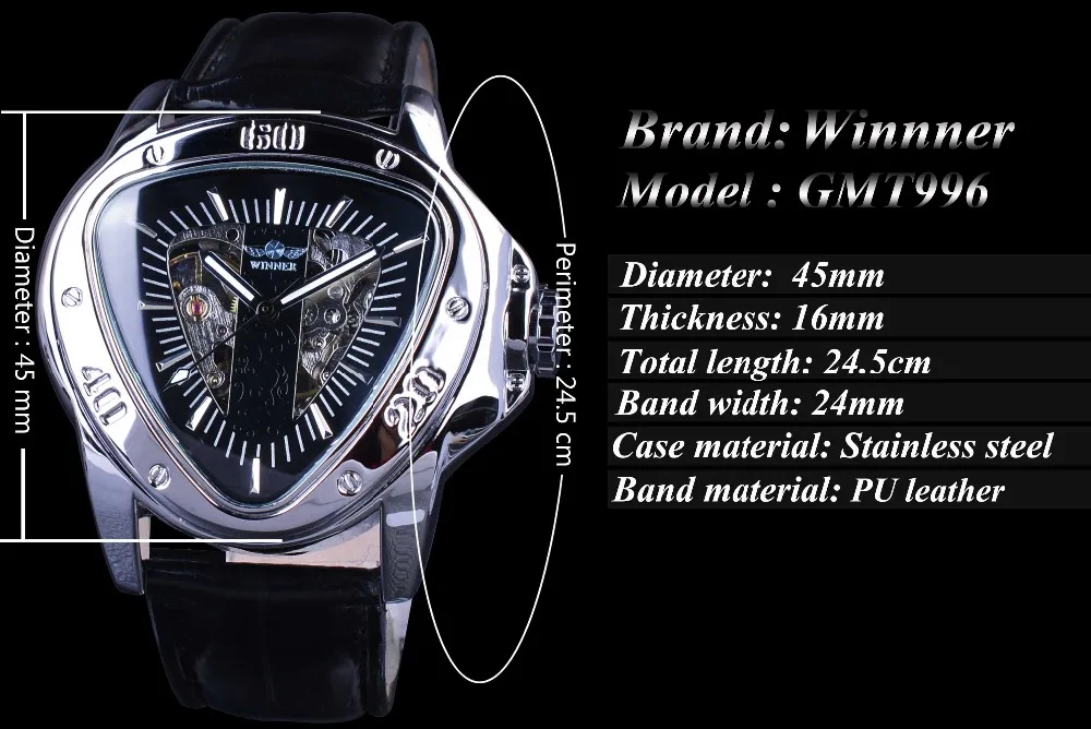 Creative Racing Design Triangle Design Silver Skeleton Dial Mens Watch for Winner