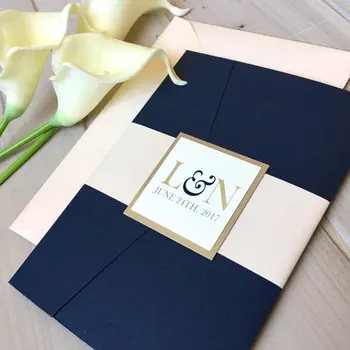 

Fully Assembled Pocketfold Wedding Invitations White and Blue Invitations Pocket Invitations Modern Wedding Invitations CA0903