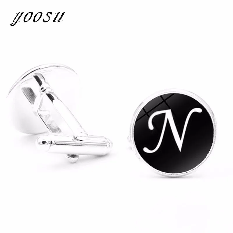 

2018 New Arrival Glass Cabochon Letters N-Z Simple Letter Black Cufflinks for Men gift T Shirt Cool Cuff Links Jewelry