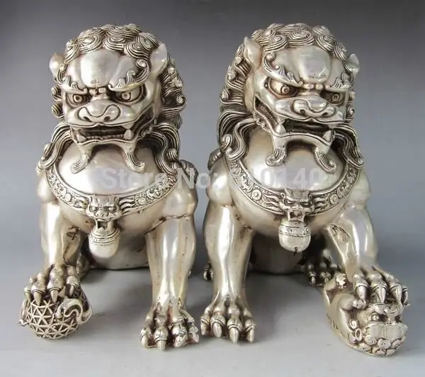 

Pair Chinese Home Fengshui Silver Guardian Lion Foo Fu Dog Male Female Statue