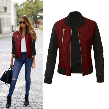

Oufisun Autumn Winter Casual Fashion Solid Women's Jackts O Neck Zipper Stitching Quilted Bomber Jacket Plus Size Women Coats