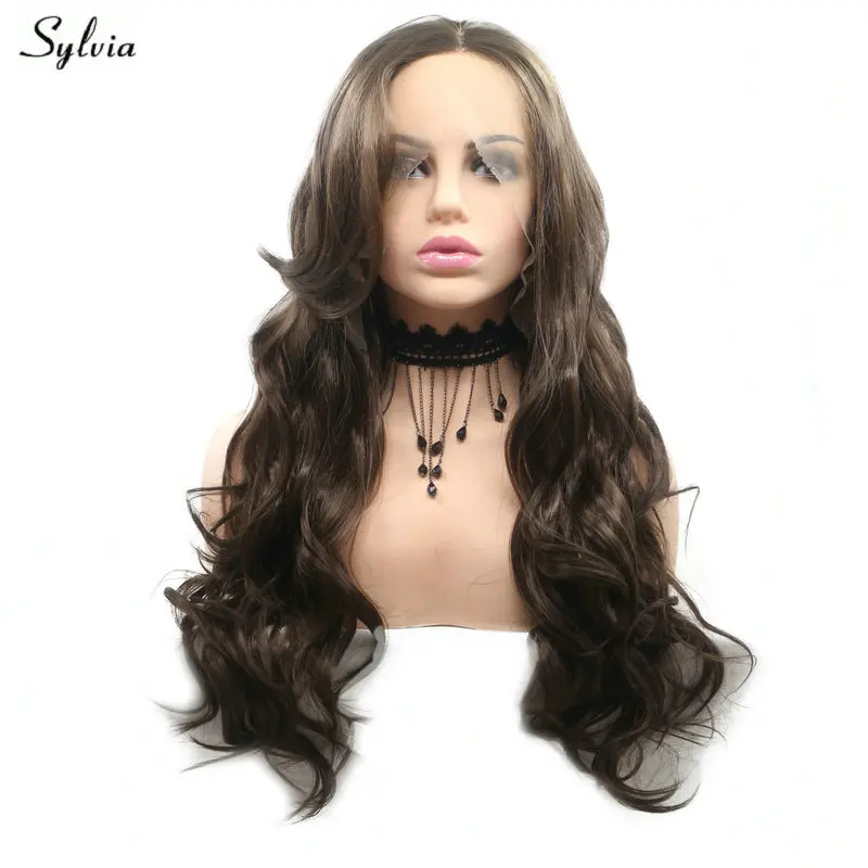 Sylvia мягкие синтетические волосы на кружеве парик длинные темно-коричневый парик средства ухода за кожей волна натуральных волос Замена