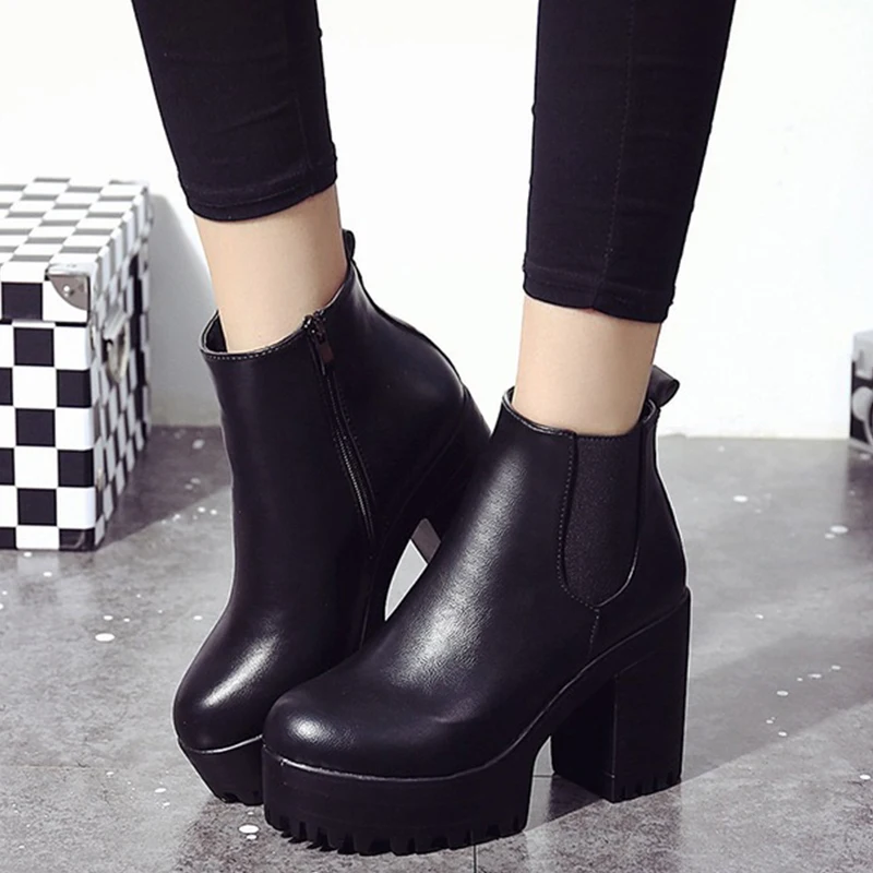 Meilleur Chunky Talon Cheville Bottes Femmes Hiver Nouvelle Moto Boot Automne Plate Forme Zip Mode Chelsea Chaussures Dames Occasionnels Haut Talon Pompes