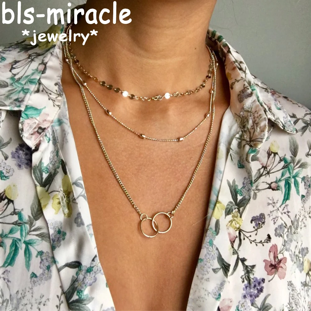 

Bls-miracle Fashion Multi-layer Sequins Necklace For Women Collar Round Circle Pendants Necklaces Choker Statement Jewelry Gifts