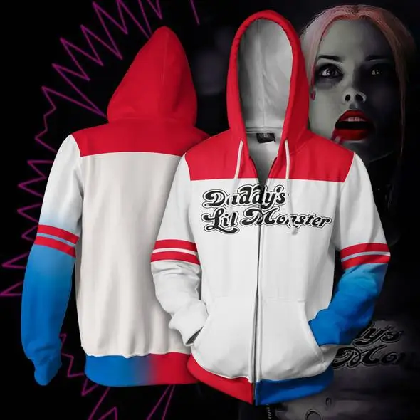 Suicide Squad Cosplay Costume Hoodie Zipper Print Coat Jacket Spring/Autumn Women Halloween Harley Quinn Sweatshirts Zipper Coat