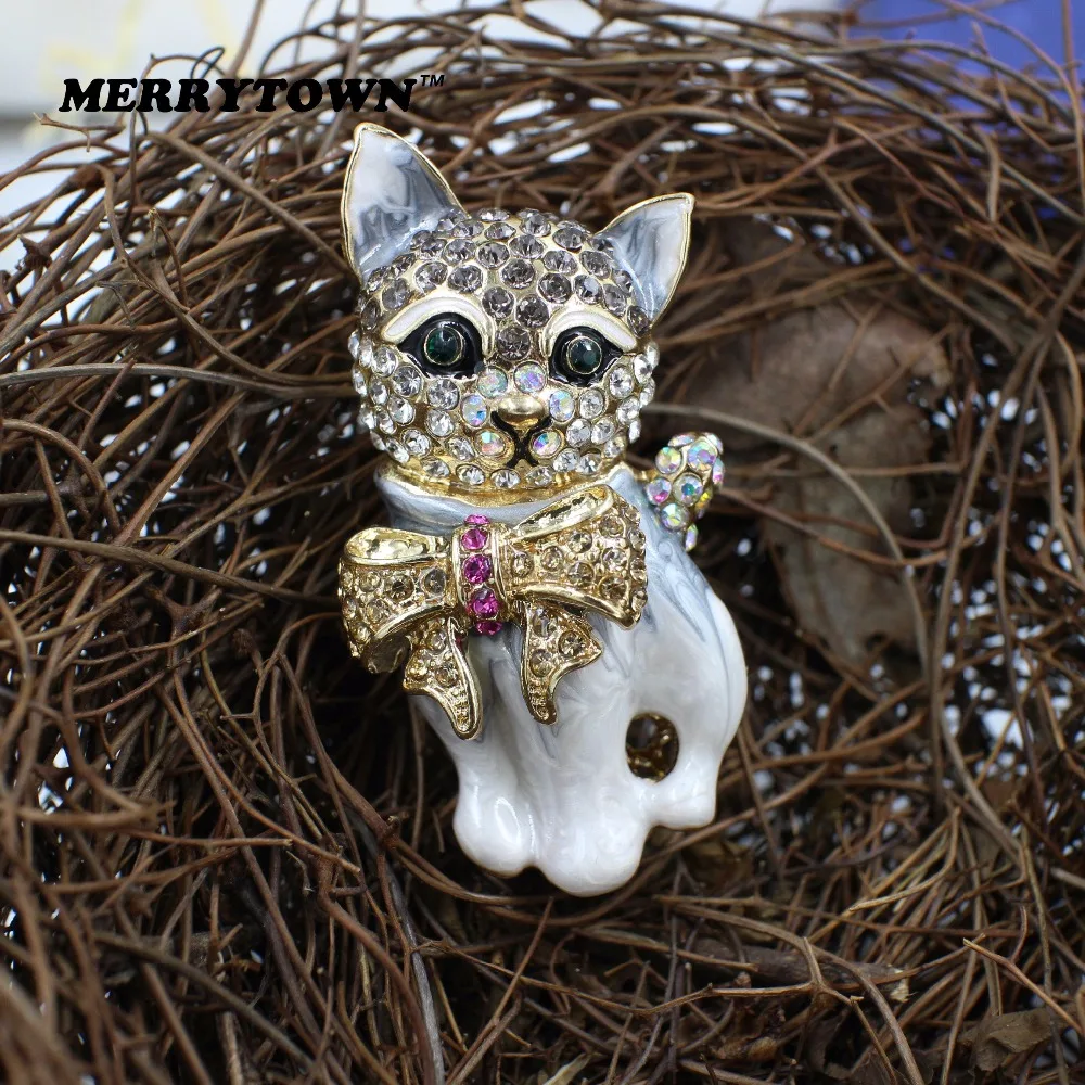 MERRYTOWN Горячие кот животное горный хрусталь эмалированная брошь на булавке Броши