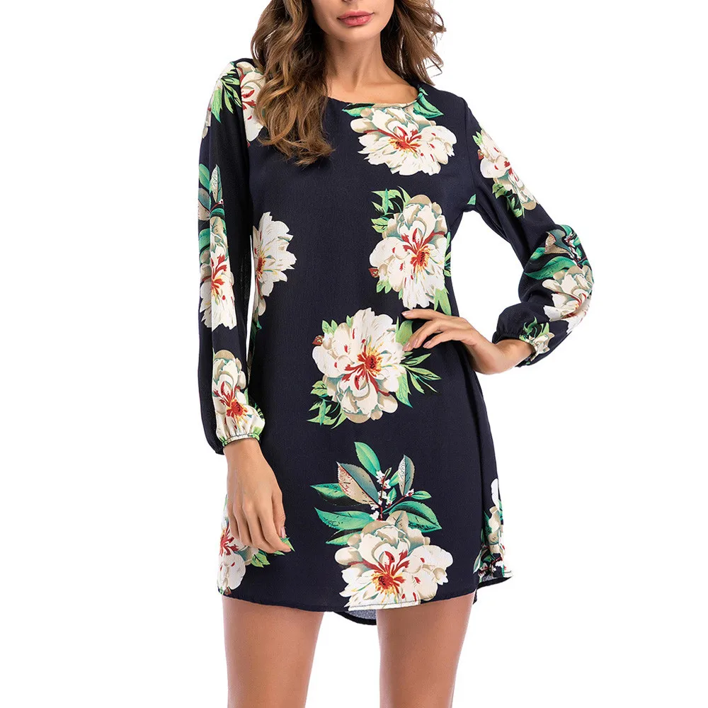 

JAYCOSIN 2019 New Summer Women Dress Casual Elegant Long Sleeve Floral Printed Ladies O-Neck Bow Mini Holiday Sundress 9030542