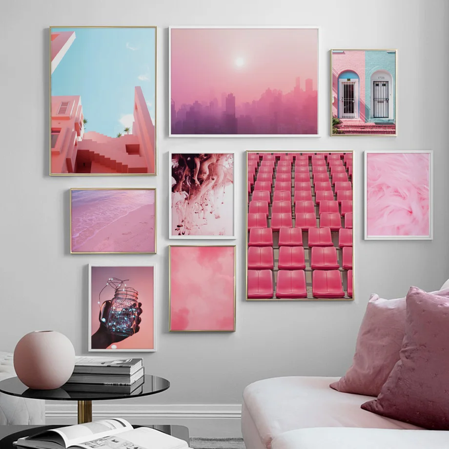 

Pink Feather Door Beach Sunshine Landscape Nordic Poster And Prints Wall Art Canvas Painting Wall Pictures For Living Room Decor