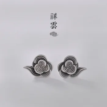 

S925 Silver Matt Gloss Retro-Ancient Xiangyun Personality Simple Baitao Lady Makes Old pop Silver Earrings