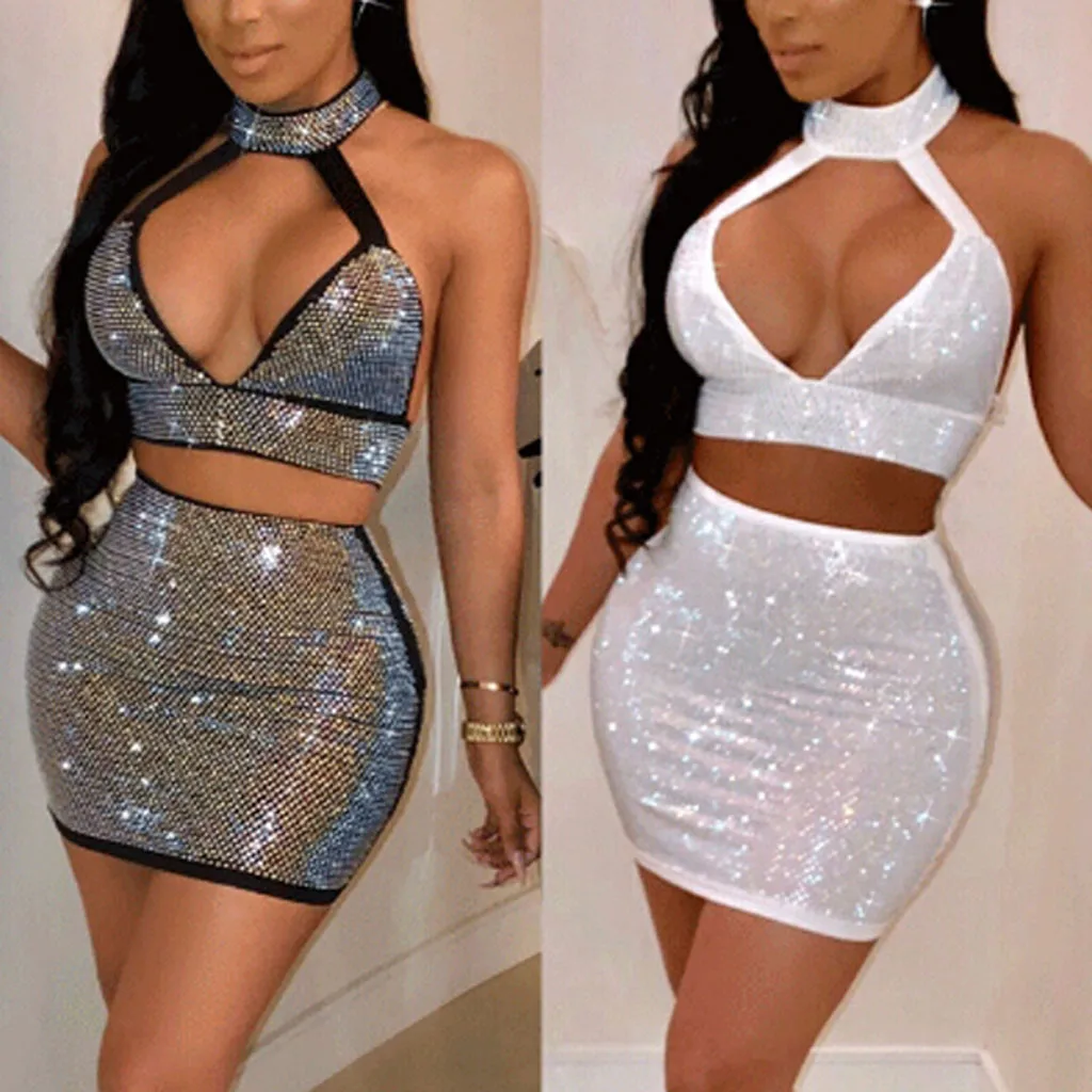 

Womail Solid Color Diamonds Fashion Women Two Pieces Sexy Hollow Out Halter Summer Polyester Dress Female 19MAR01
