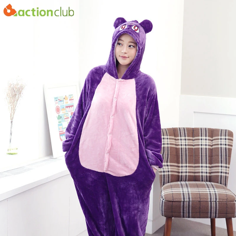 ACTIONCLUB Anime Pajamas for Women Onesie Animal Purple Cat Sleepwear Jumpsuit Cartoon Cute Pyjama Couples Home Pijama