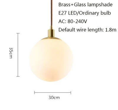 Скандинавский минималистичный латунный подвесной светильник E27 светодиодный одноголовый стеклянный шар подвесной светильник для кухни гостиной прикроватной тумбочки ванной комнаты отеля - Цвет корпуса: D   D30cm H35cm