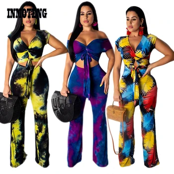 

INMOTENG Sexy Off Shoulder V-neck Tie up Waist Wide Leg Tie Dye Print Rompers 2 Pieces Pants Suits Bodycon Casual Club Suits