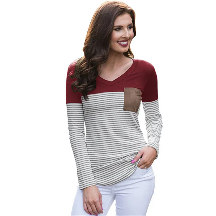 

Autumn Hot Women T Shirt New Striped Suede Pocket Tshirt Long sleeve Slim T-shirt Female Tops Streetwear Clothes Femme Tee 2019