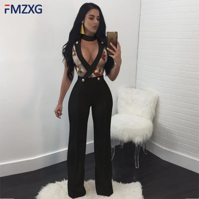 

2019 Transparent Mesh Rompers Women Summer Jumpsuit Button Sexy Deep V Print Floral Straight Elegant Loose White Long Jumpsuit