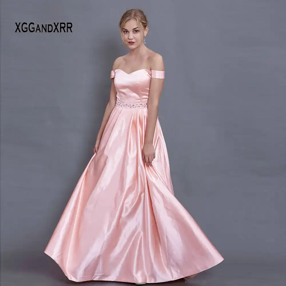 off the shoulder beaded satin evening prom dress with pocket
