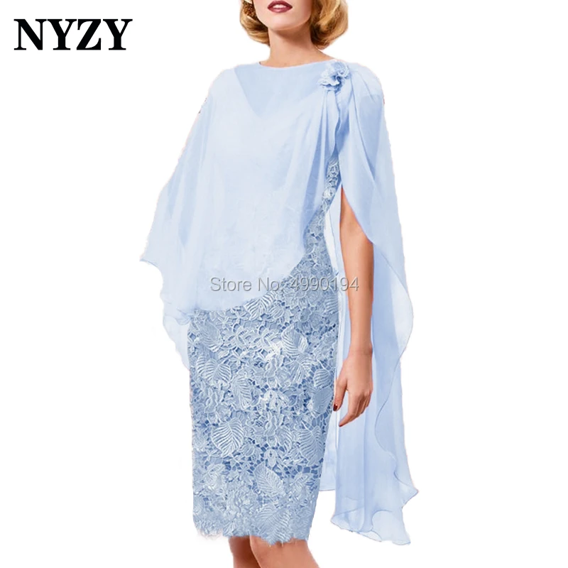 NYZY M172C Baby Blue Robe Cocktail Party Gown Chiffon Elegant Short 2 Piece Mother of the Bride Bolero Dresses 2019 Custom Made | Свадьбы и