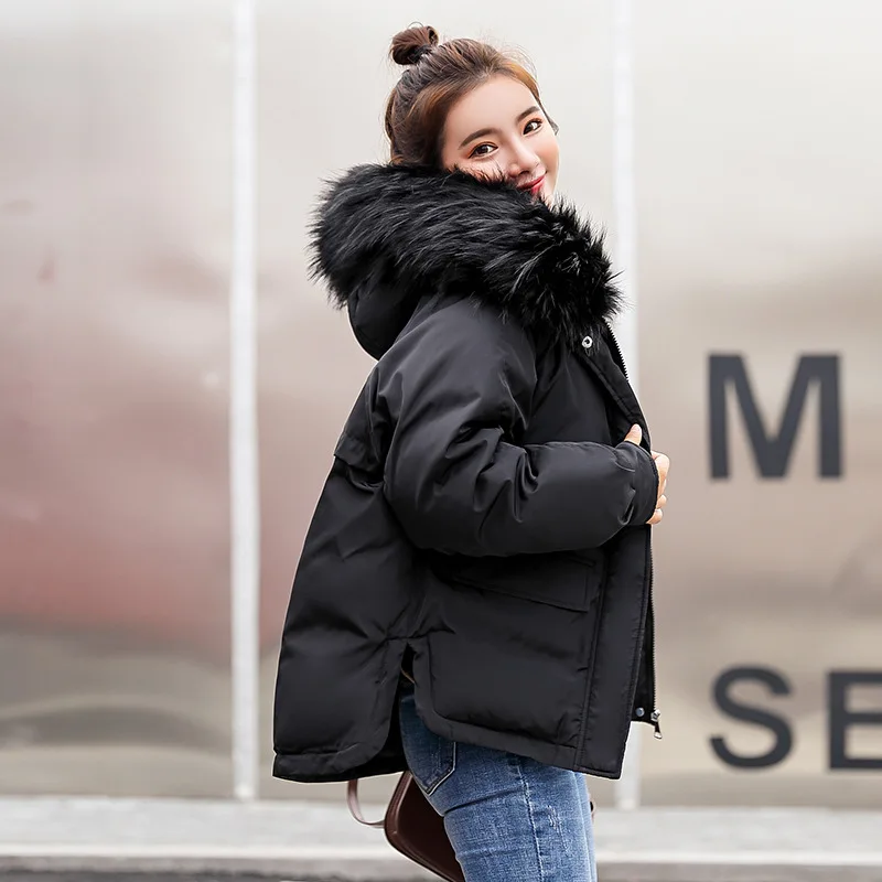 

Winter New Big Fur Collar Ladies Short Coat Slim Thick Large Size Down Cotton Padded Jacket Warm Solid Color Parkas MZ3066