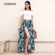 TEXIWAS нерегулярные длинная юбка Для женщин Цветочный принт Boho оборками Макси Высокая летняя юбка Пляжная Обёрточная бумага ремень Винтаж Разделение плиссированная юбка