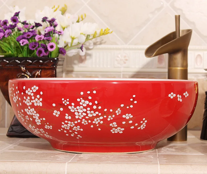 China Artistic Handmade Engraving Ceramic Lavobo Round Countertop size of wash basin plum blossom painting white (7)