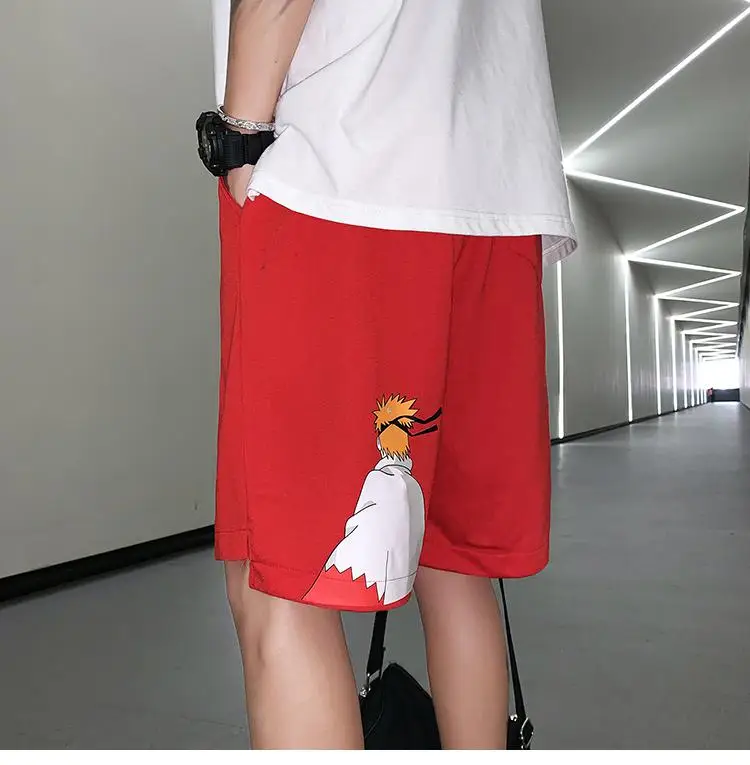 Мужские летние брюки с принтом из мультфильмов, мужские трендовые корейские пляжные штаны для влюбленных, студенческий досуг - Цвет: Red